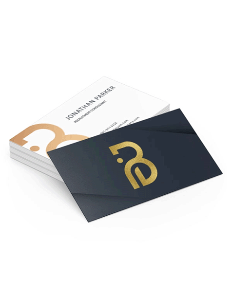 Gold metallic foil business cards - Stack of luxury business cards with black and white designs featuring gold foil logo and modern typography for Jonathan Parker.