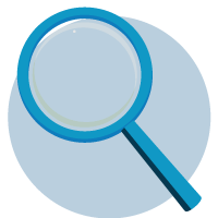 A circular blue icon featuring a aqua magnifying glass, commonly used to represent investigation, or detailed examination about something.